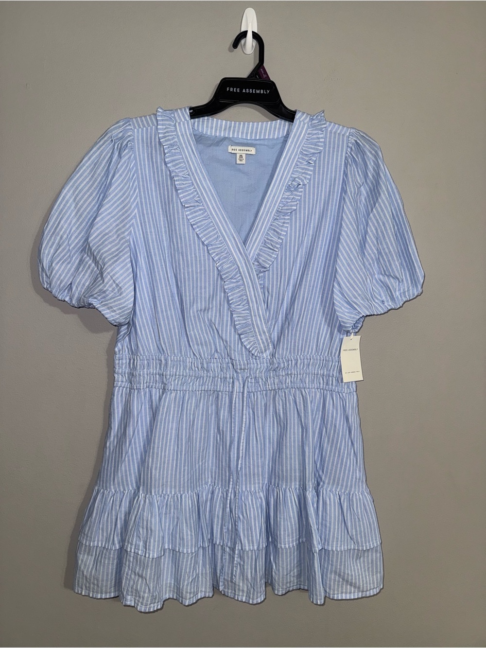 Free Assembly Light Blue Striped Puff Sleeve Tiered Mini Dress XXL